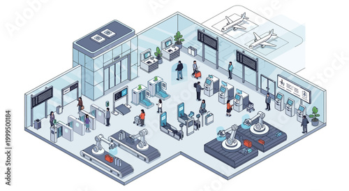 Futuristic Isometric Airport Terminal with Automated Baggage Handling, Robotic Security Systems, and Self-Service Kiosks for Modern Smart Travel Technology Concept