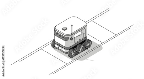 Isometric Line Art Illustration of an Autonomous Delivery Robot on a Path - Minimalist Vector Concept for Future Logistics and Smart City Shipping