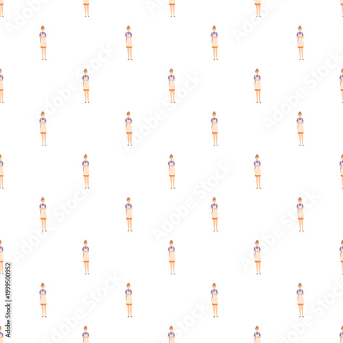 Standing female in apron uniform creating a seamless pattern design