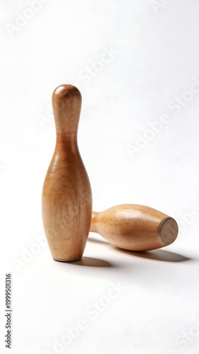 Two wooden bowling pins on a white background.
