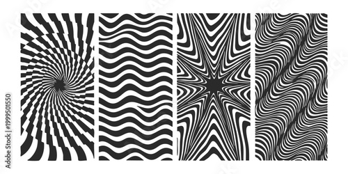 Set of four abstract black and white optical illusion patterns with wavy and geometric lines