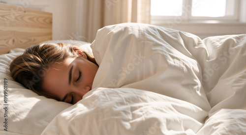 Young woman sleeping in a comfortable bed. Morning sunlight on a person resting under a white duvet