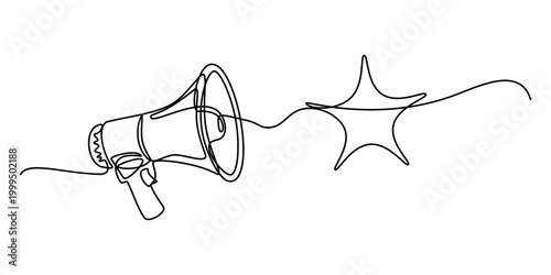 Continuous one line of a megaphone merging into star, symbolizing promotion in editable stroke, style hand drawing vector illustration.