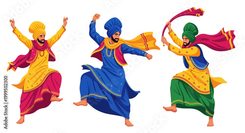 Vibrant illustration of three Sikh men in traditional attire joyfully performing the Bhangra dance against a white background, showcasing bright colors and dynamic movement, capturing