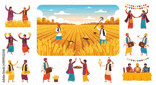 A vibrant illustration showcases Vaisakhi celebrations with traditional Punjabi figures dancing, farming in golden wheat fields, and performing music against a bright sky, rendered