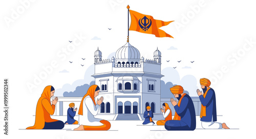 Illustration of Sikh devotees praying with hands clasped in front of a Gurdwara with a Nishan Sahib flag, set against a clean white background in a flat illustration style, expressing