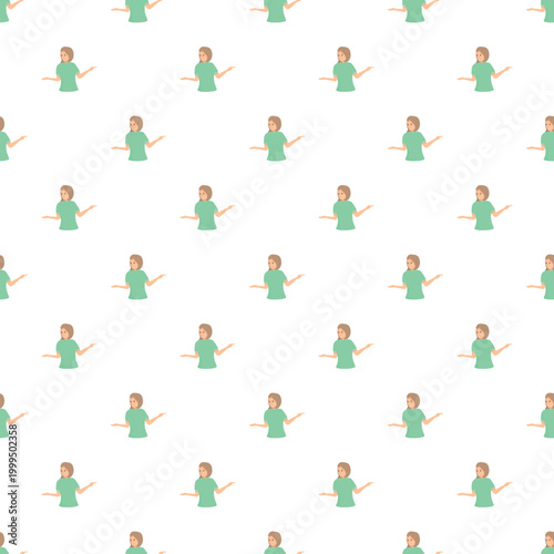 Female character with open hands in a repeating pattern on white background