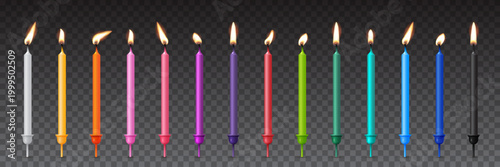 Birthday candles for cake. 3d birthday candles with different colors and glowing flames. Colorful party decoration elements for happy celebration. Festive realistic vector illustration.