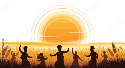 Silhouette illustration of people celebrating Baisakhi in a wheat field with arms raised against a bright sun, rendered with a flat design and warm, golden tones evoking a festive