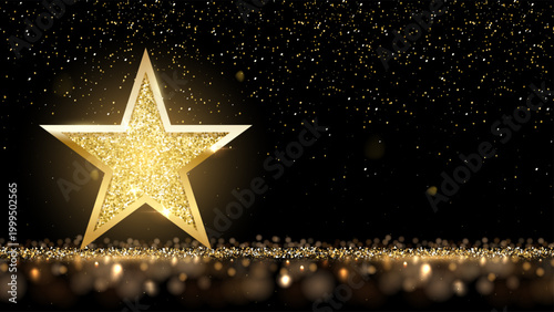 Golden award stage with glowing star and shimmering confetti. Gold stage with glitter and lights on dark for winner ceremonies, premium product displays. Luxury vector illustration.
