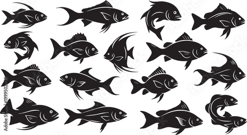 Set of fish silhouettes vector illustration collection with marine ocean aquatic pattern design