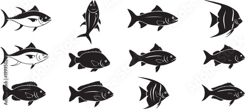 Set of fish silhouettes vector collection seamless ocean marine pattern illustration