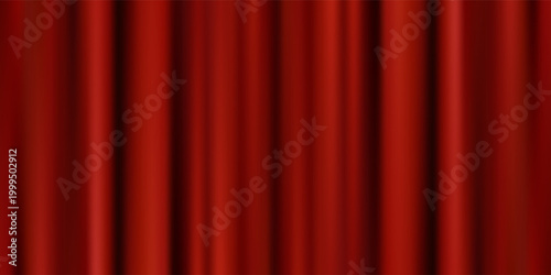 Red velvet curtain background. Closed curtains wallpaper for theater stage or cinema, circus. Red fabric drapery backdrop for award, show, performance. Velvet textile room scene banner concept. Vector