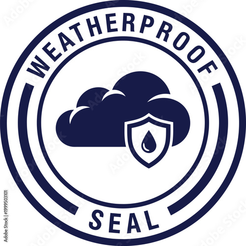 Weatherproof Seal Badge Icon with Cloud and Shield for Product Packaging and Certification