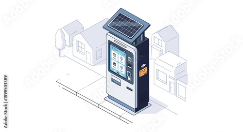 Isometric Smart Parcel Delivery Kiosk with Solar Panel in a Residential Neighborhood, Sustainable Logistics and Automated Package Locker Concept