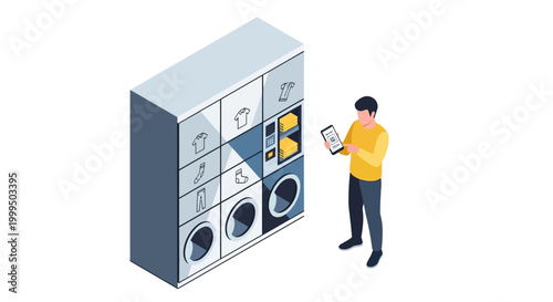 Isometric Illustration of a Man Using a Smartphone App for an Automated Smart Laundry and Clothing Pickup Locker System with Washing Machines