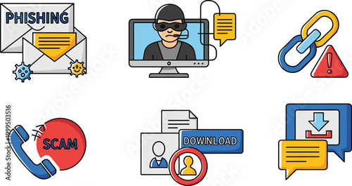 Cyber Security Icons Set with Phishing, Scam Calls, Download Warnings, and Suspicious Links for Internet Safety Illustrations