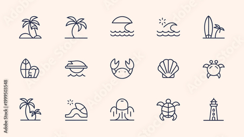 Minimalist beach and ocean themed line icons for summer designs