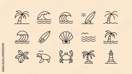 Minimalist beach icons depicting waves palm trees surfing and marine life