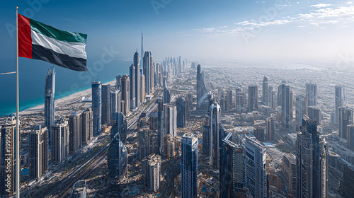 UAE Flag Waving Over Abu Dhabi Skyline with Modern Skyscrapers and Waterfront View