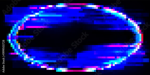 Glitch frame ring with bug distortion and cyan red digital artifacts for futuristic interface. Circular border with noise lines and data corruption effects. Cyberpunk design for tech game overlays.