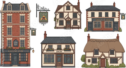 Charming British Pubs and Traditional Houses Set with Thatched Roofs, Pub Signs, and Rustic Architecture for Village and Countryside Illustrations