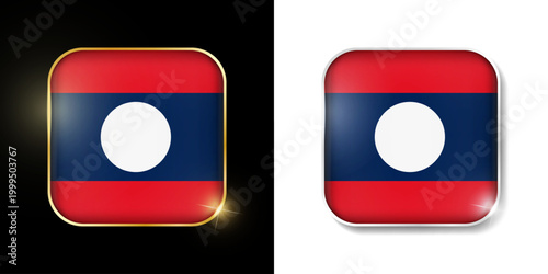 Free Download Laos flag shiny golden and silver icons isolated on black and white. Vector 3D square rounded illuminated buttons with shadow. Use for bets, tournament, sport games - GFXLoad