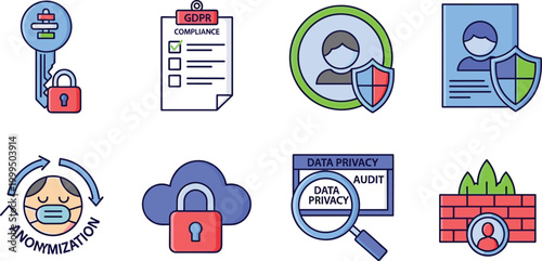 Data Privacy and Security Icons Set with GDPR Compliance, Anonymization, Cloud Protection, and Data Auditing for Digital Safety Illustrations