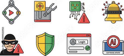 Cybersecurity Icons Set with Malware Alert, Software Updates, Login Protection, and Firewall for Digital Threat Prevention Illustrations