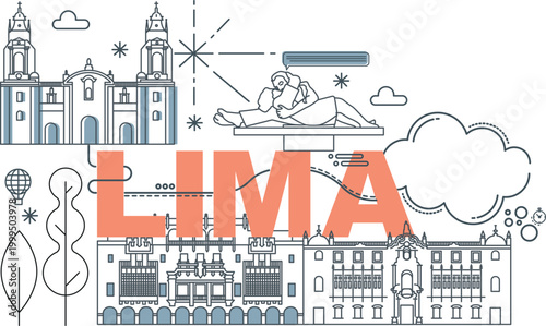 Lima culture travel set, famous architecture specialties in flat design. Business Peru tourism concept clipart in Memphis style. Image presentation, banner, website, ad, flyer, roadmap, icon line art	