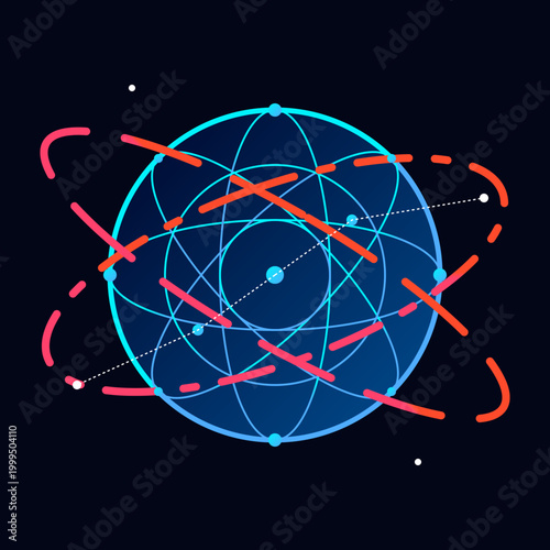 Global digital system network hub with interconnected blue sphere lines and red dashed orbital Illustration