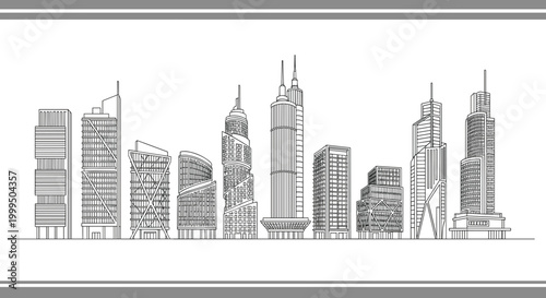 Modern City Skyline with Skyscrapers and Tall Buildings in Abstract Architectural Style, Vector Black and White Illustration on White Background