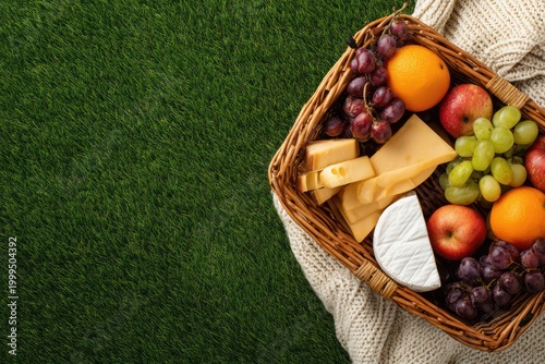 Top view of picnic basket on grass