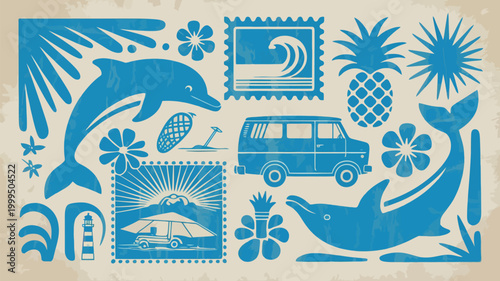 A vibrant blue illustration featuring ocean life tropical motifs and vintage travel