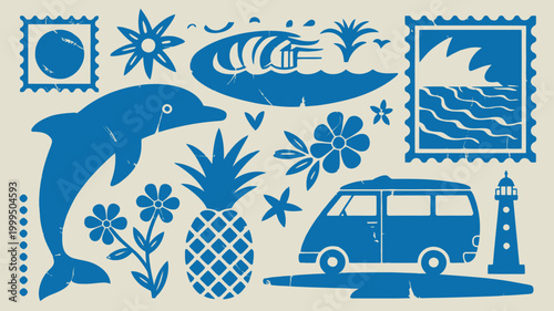 A collection of blue illustrated elements dolphin palm trees van and marine life