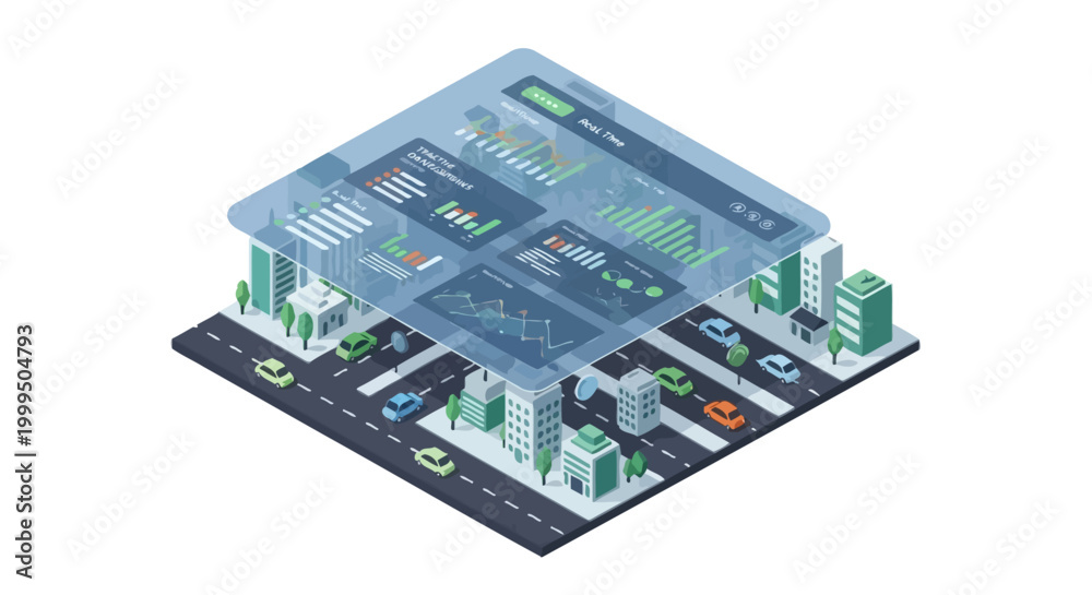 Obraz premium Smart City Data Analytics Isometric Illustration with Real-Time Dashboard Overlay and Urban Infrastructure