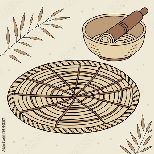 Woven basket and mortar with pestle icon