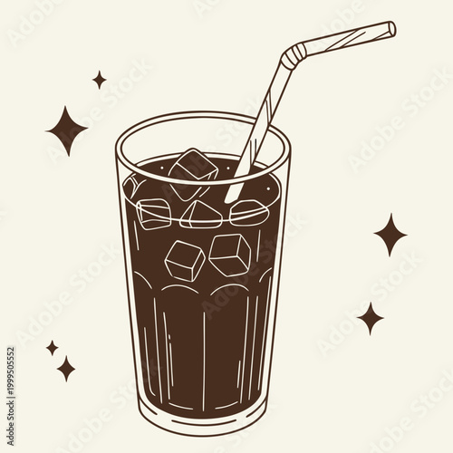 Brown cold drink with ice and straw