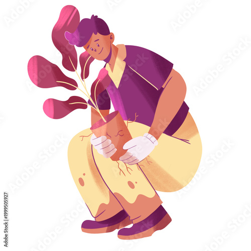 Stylized person in purple shirt yellow pants white gloves carefully tending a potted plant with pink leaves grainy texture.