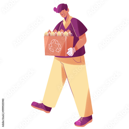 Textured illustration of a smiling man carrying a cardboard recycling box full of plastic bottles.