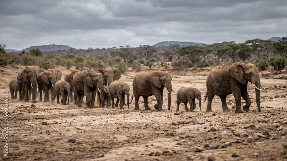 Fototapeta premium A herd of African elephants walking through a dry savannah landscape