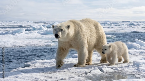 Adult polar bear with a small cub walking on arctic sea ice in nature