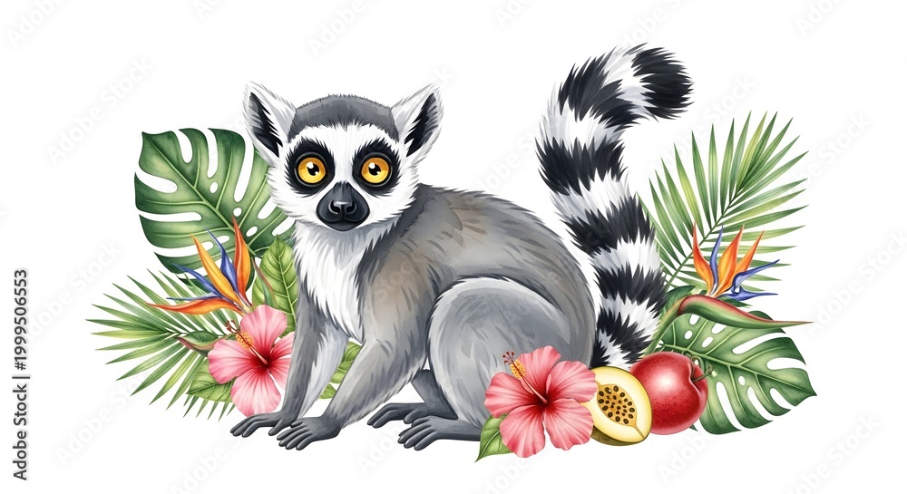 Fototapeta premium Ring-tailed Lemur Surrounded by Lush Tropical Foliage and Exotic Flowers.
