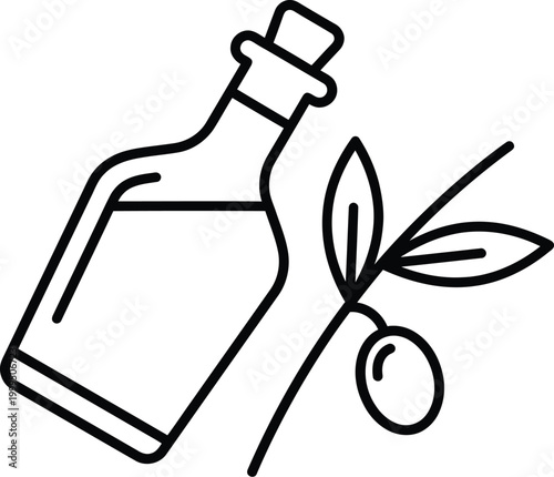 Olive oil bottle icon with fresh branch for organic food restaurant menu design branding and healthy culinary website interface visual