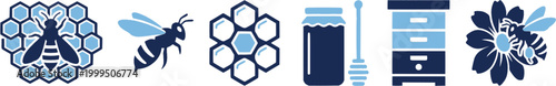 Versatile vector icon collection showcasing a stylized bee and hexagonal honeycomb structures, ideal for food packaging, natural product branding, educational resources, or digital
