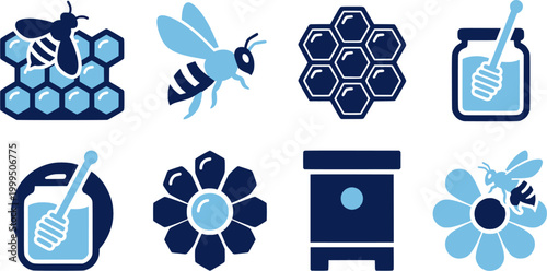 Versatile vector icon collection showcasing a stylized bee and hexagonal honeycomb structures, ideal for food packaging, natural product branding, educational resources, or digital