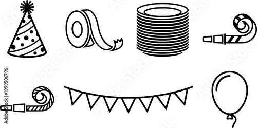 A collection of festive celebration icons including a party hat ribbon plates blower and pennant banners ideal for event promotions and holiday graphic designs.