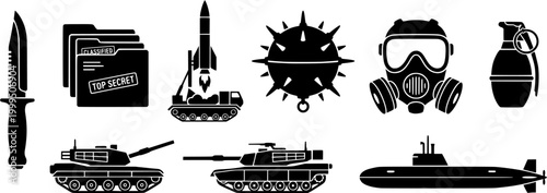 A collection of essential military and defense icons including a tactical knife, ammo box, missile system, naval mine, and gas mask, ideal for security related projects and warfare themed