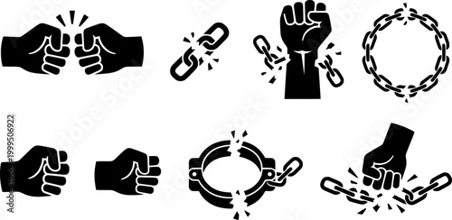 Powerful fists breaking a circular metal chain symbolizing freedom and strength, suitable for protest, liberation, or overcoming challenge themes and motivational content