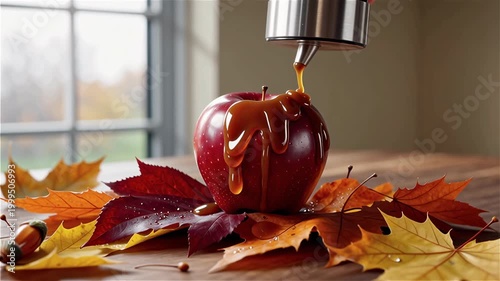 Vibrant red apple, coated with golden caramel, is beautifully nestled among colorful autumn leaves and a small acorn.